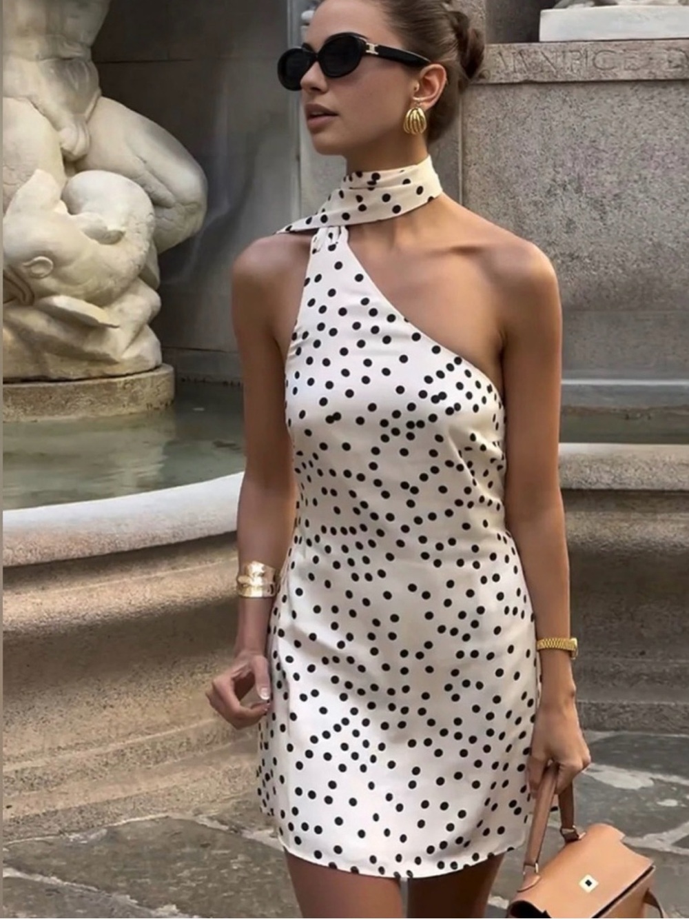Polka Dot One-Shoulder Satin Mini Dress - White/Black